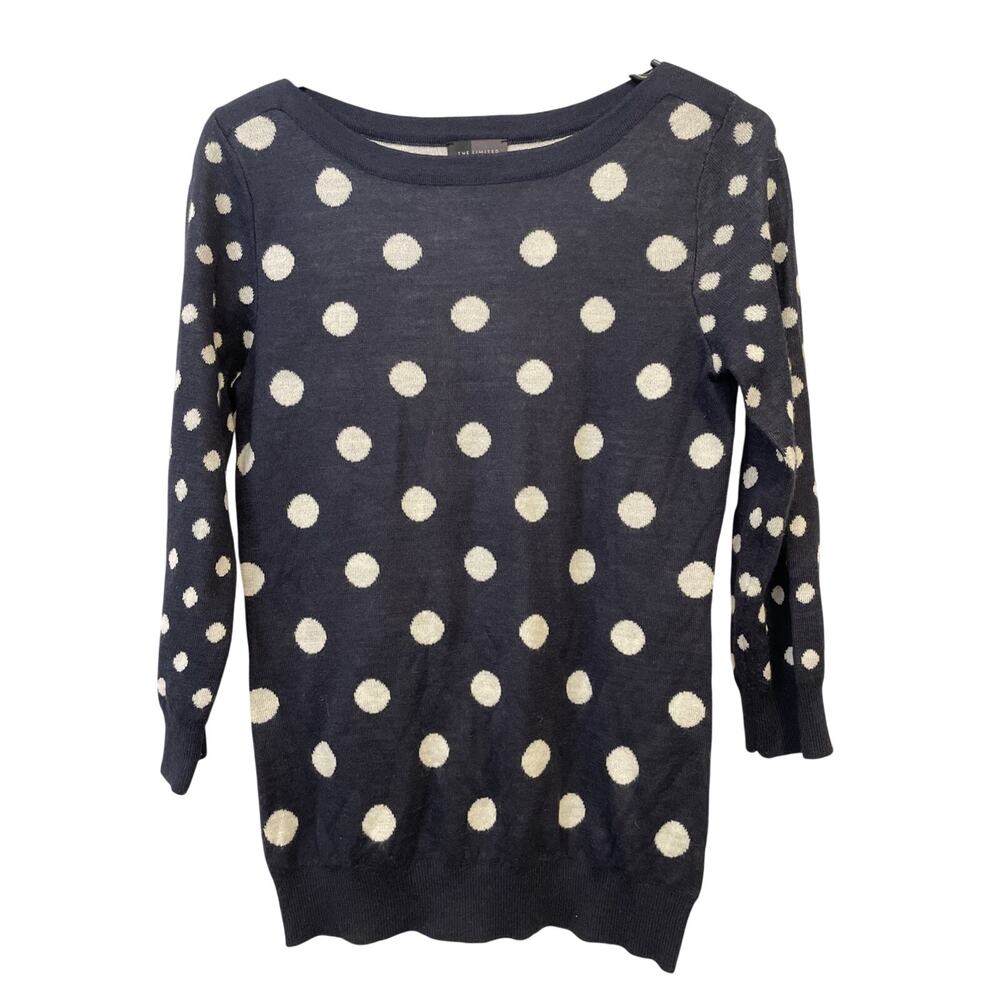 The Limited Top- Navy W/White Polka Dots- 3/4 Sleeves- Wool Blend- Size Small